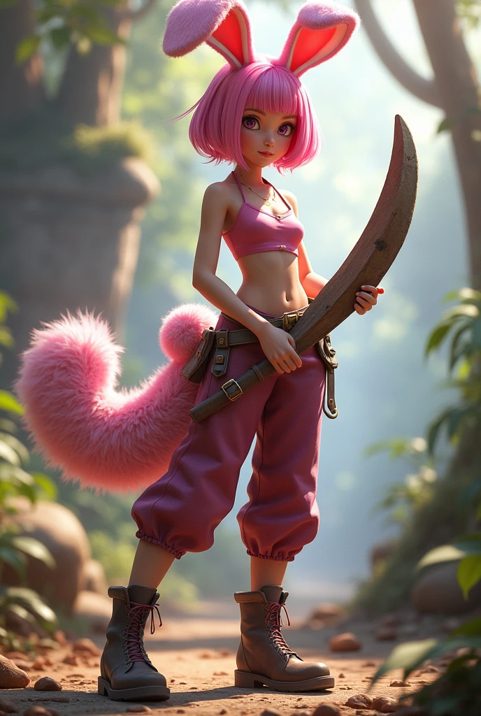 Create a beautiful young human, short pink hair, bunny ears on her head, fluffy tail, pink sleeveless outfit, dark pink pants, leather boots and holding a very large boomerang 