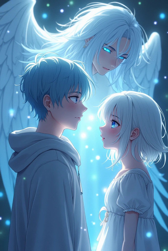 Yuji Itadori meeting a girl with white hair,blue eyes, with winged gojo.