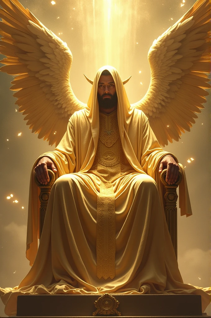 Brass colored man in heaven sitting on a throne With a veil on his head and a tunic that reaches the floor with seraph angels flying around