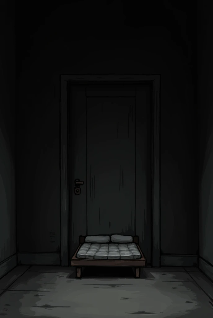Drawing of an empty room where you can only see the door, I want it dark now I want you to make a bed