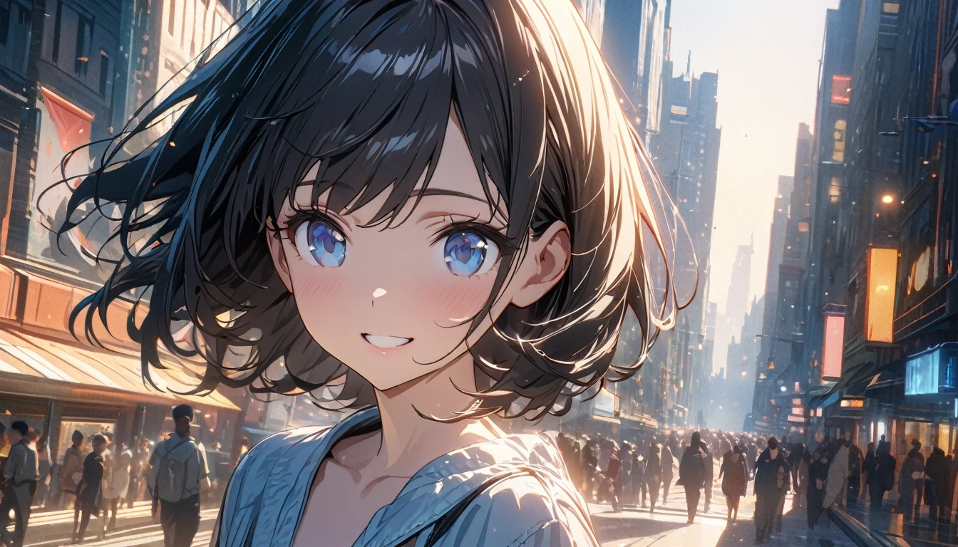 ((ultra-detailed))/ (one women with short black hair and bob hair.、beautiful blue eyes,.、smile、gentle smile on her face、flat chest, one Beautiful girl,((masterpiece, illustration, best quality) ((ultra-detailed))/), walking around busy city ,濃い青とBeautiful Blueのグラデーション, High resolution, 8K HD detail, hyper-detail, cinematic, surrealism, soft light, deep field focus bokeh, ray tracing and surrealism. --v6