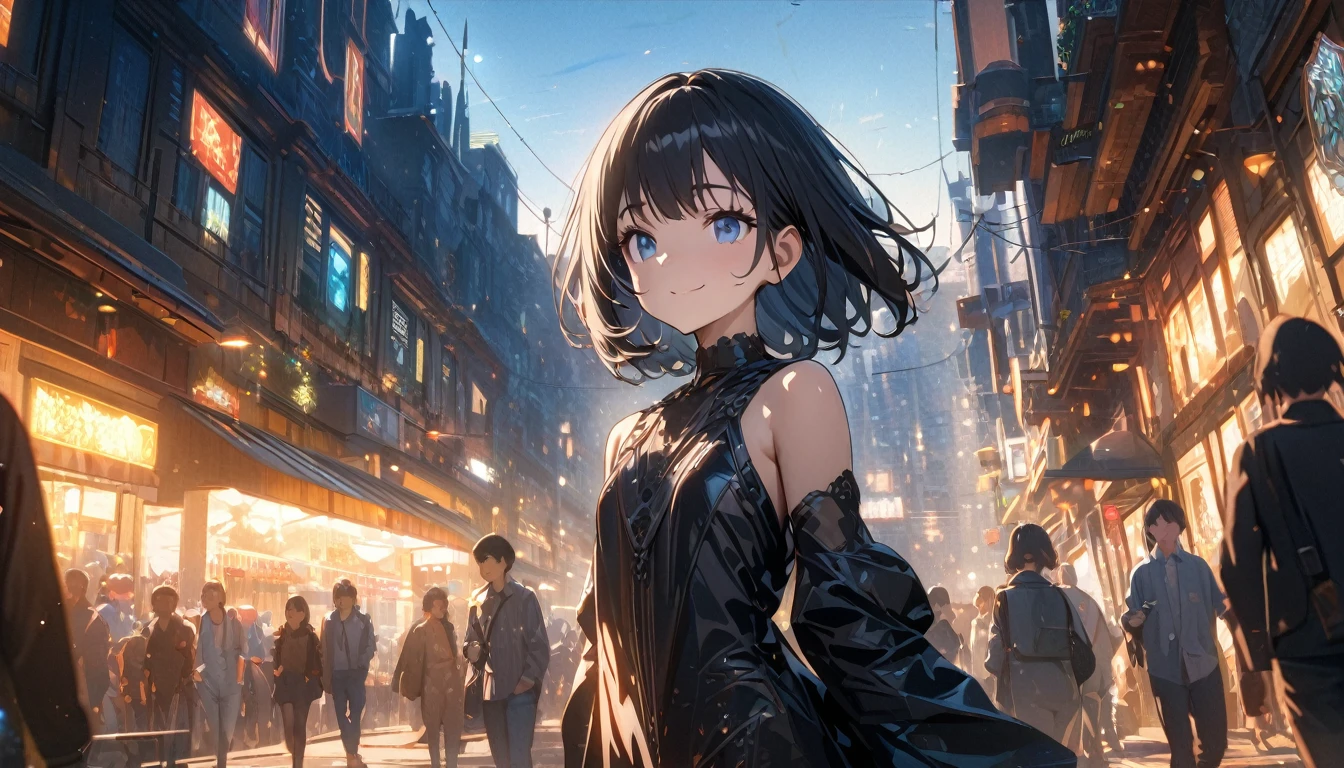 ((ultra-detailed))/ (one women with short black hair and bob hair.、beautiful blue eyes,.、smile、gentle smile on her face、flat chest, one Beautiful girl,((masterpiece, illustration, best quality) ((ultra-detailed))/), walking around busy city ,濃い青とBeautiful Blueのグラデーション, High resolution, 8K HD detail, hyper-detail, cinematic, surrealism, soft light, deep field focus bokeh, ray tracing and surrealism. --v6
