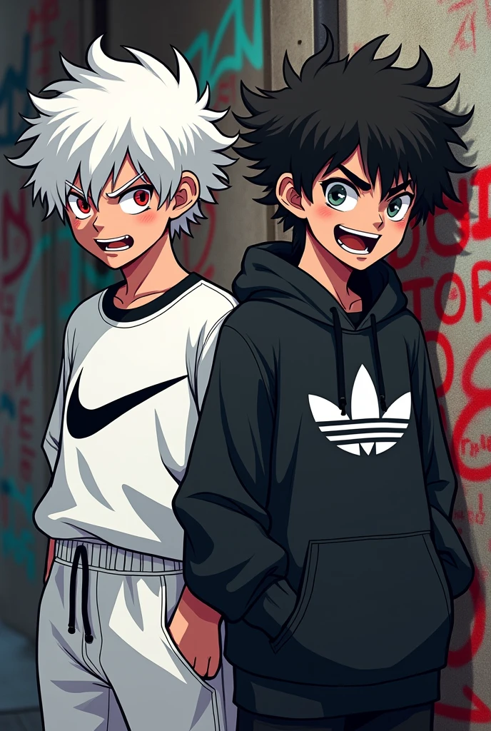 2 boys with short hair, one white and the other black, curly hair, wearing white Nike clothes and the other wearing black Adidas clothes, evil face, I live in graffiti with a drawing behind the boys "rappers drawing style"
