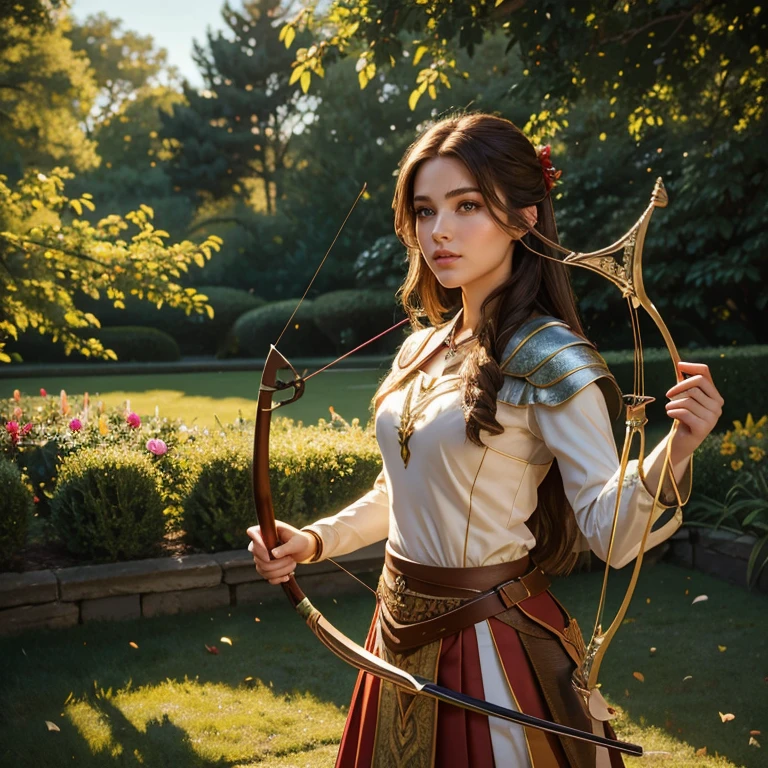 (masterpiece, best quality:1.5), highest quality, High resolution, super detailed, Realists, Full body photo of a 22 year old brunette archer, detailed and beautiful eyes, beautiful detailed lips, very detailed eyes and face, longeyelashes, 22-year-old archer in noble armor with long red skirt, Beautiful and colorful makeup, Instructions for bow and arrow, Gardens as background, soft daylight, bright colors, fine brushstrokes, Portrait style, beautiful color palette, glowing skin, First-class rendering, that captures every detail, enchanting atmosphere, subtle shadows and lights, (perfect anatomy:1.2), (The stunning 22-year-old archer with bow and arrow. (magnificent panorama view:1.2)