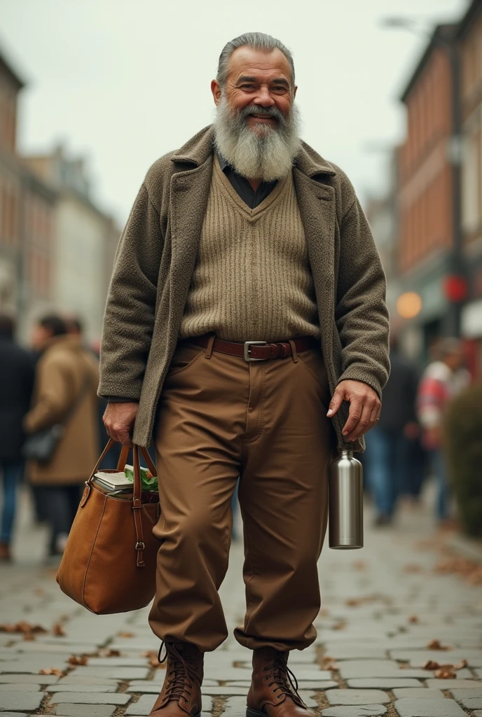 a stereotype of a Vegan with vintage clothes and a beard