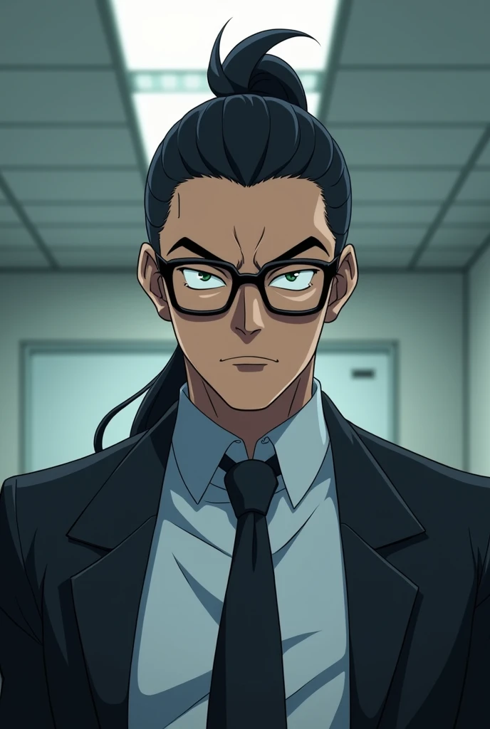 An mean psychiatrist with a ponytail and black bails in anime style 