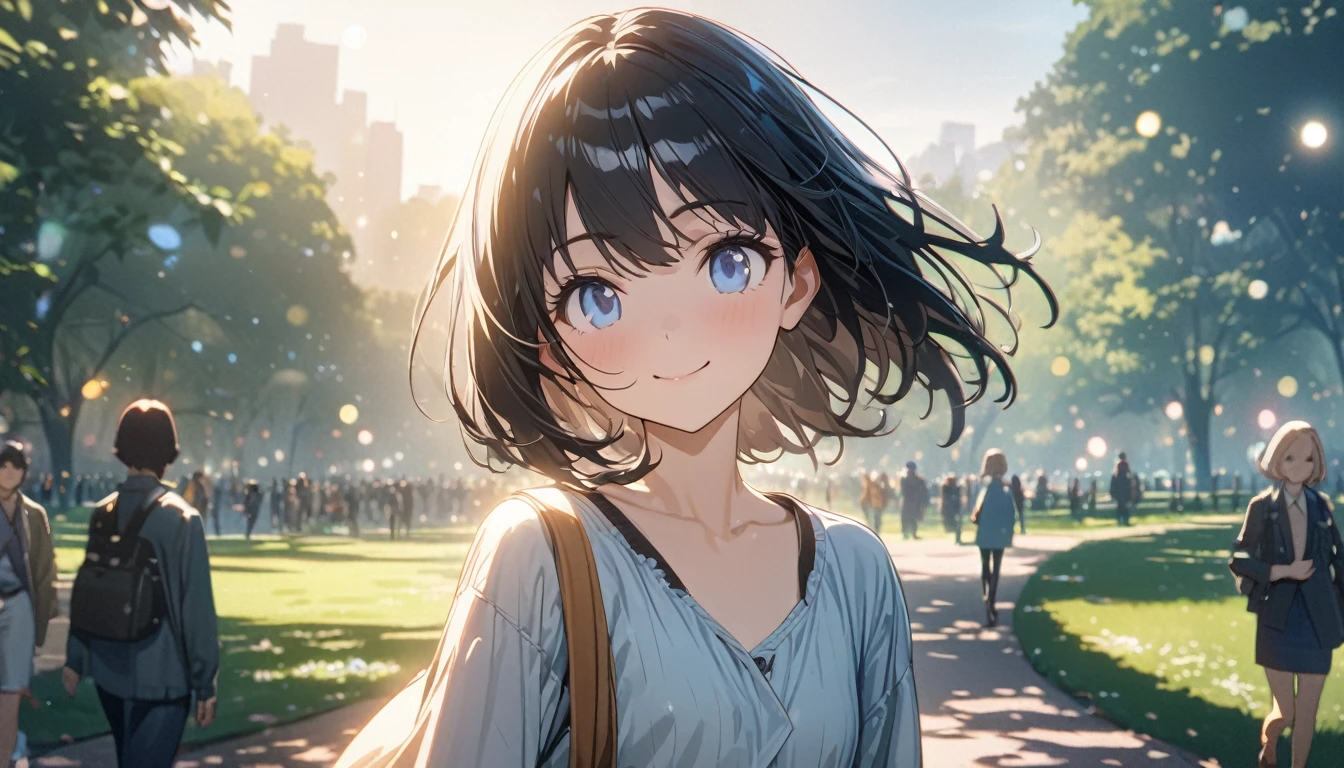 ((ultra-detailed))/ (one women with short black hair and bob hair.、beautiful blue eyes,.、smile、gentle smile on her face、flat chest, one Beautiful girl,((masterpiece, illustration, best quality) ((ultra-detailed))/), walking around central park ,濃い青とBeautiful Blueのグラデーション, High resolution, 8K HD detail, hyper-detail, cinematic, surrealism, soft light, deep field focus bokeh, ray tracing and surrealism. --v6