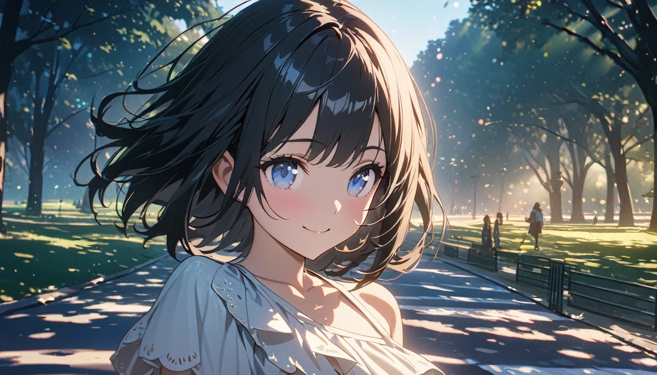 ((ultra-detailed))/ (one women with short black hair and bob hair.、beautiful blue eyes,.、smile、gentle smile on her face、flat chest, one Beautiful girl,((masterpiece, illustration, best quality) ((ultra-detailed))/), walking around central park ,濃い青とBeautiful Blueのグラデーション, High resolution, 8K HD detail, hyper-detail, cinematic, surrealism, soft light, deep field focus bokeh, ray tracing and surrealism. --v6