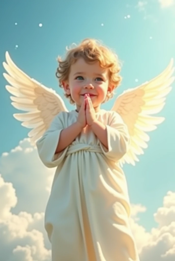 "Create an image of a guardian angel who looks like a . The angel should have small, delicate wings with soft, shiny feathers. Dress him in a light, white robe that flows in an ethereal manner. The background could be a clear blue sky with soft clouds or a tranquil celestial landscape. The angel's expression should be innocent and welcoming, conveying a sense of protection and comfort."