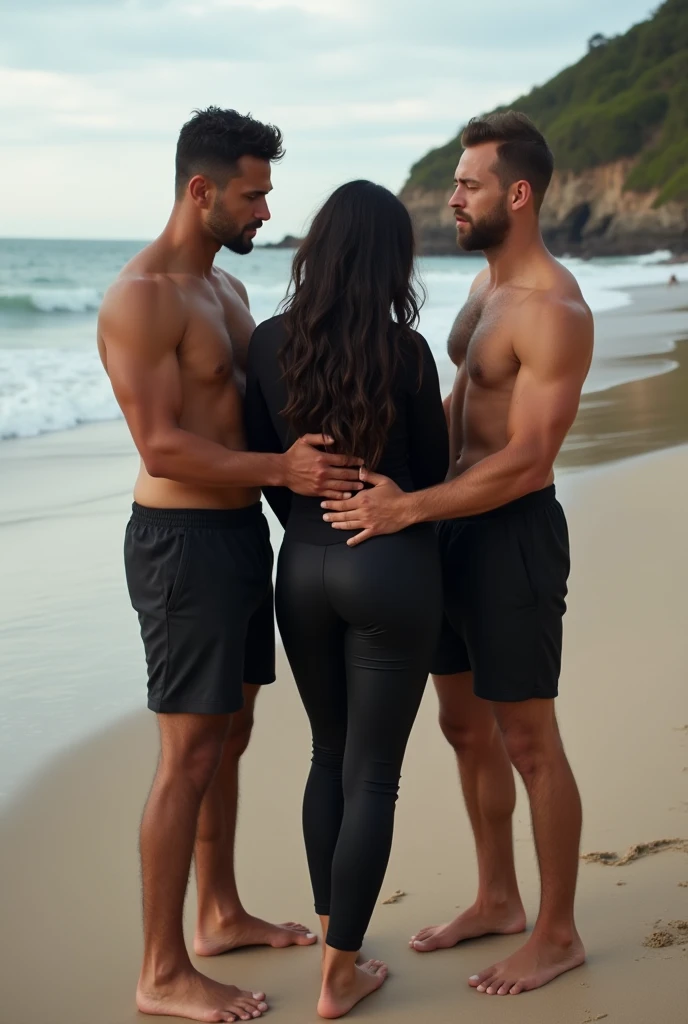 Black wavy hair on the beach, sexy, barefoot, woman in black tracksuit. 2 men touching a woman