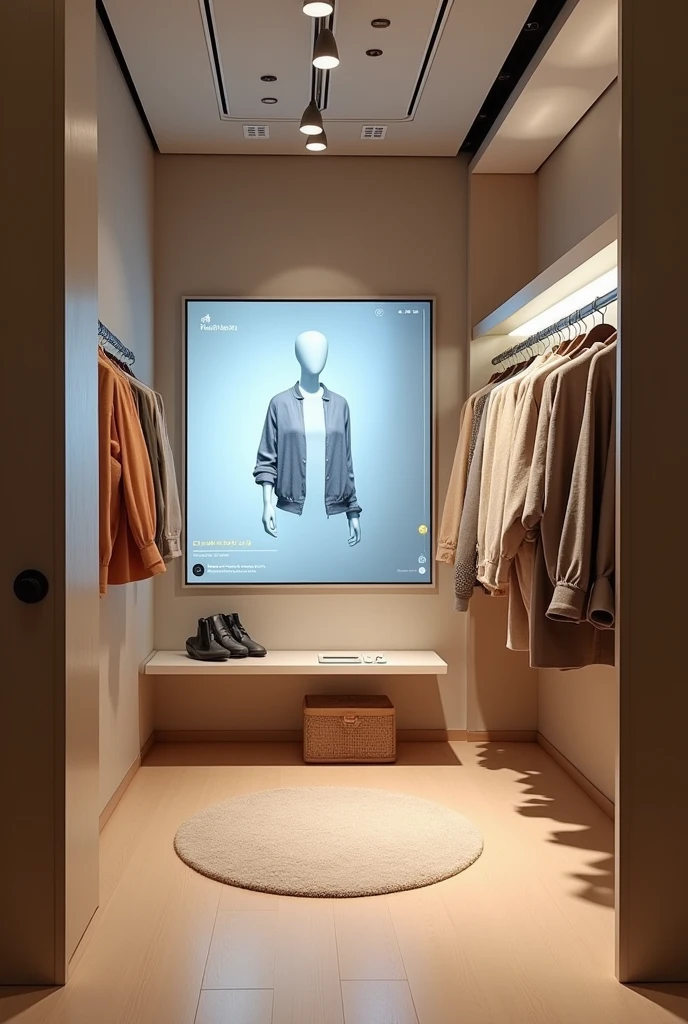 Design a small fitting room inside a store and inside the fitting room there must be a smart screen in the image, Screens should be wall mounted or integrated into the fitting room furniture, showing the option to request different sizes or colors without leaving the area. besides, The screens should offer product recommendations based on user preferences and allow shoppers to visualize how different clothing combinations would look. The fitting room environment should look modern and comfortable., with a clean design that integrates the screens in a functional and aesthetically pleasing way. It has to be a clothing fitting room, not a closet NOTE THAT THE DRESSING ROOMS IN THE ZARA STORE ARE SMALLER THE DRESSING ROOM IS SMALLER

