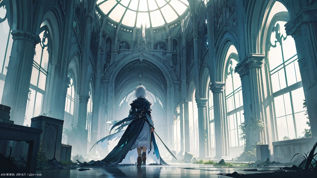 "Create a dramatic and atmospheric scene in the style of an anime/light novel, set in the depths of an ancient, abandoned elven hall within a castle. The environment should feel heavy and oppressive, with shadows filling the grand, empty corridors. Emerging from these shadows is a mysterious figure, slightly obscured but clearly determined and purposeful. The figure's footsteps echo through the empty halls, creating a sense of a powerful presence. This character, with a young appearance, white hair, and tattered clothing with green details, carries an aura of resolve and hope, symbolizing their mission to restore the fallen kingdom of Alderwood. The background should include remnants of a once-great civilization: broken columns, shattered stained glass, and overgrown vegetation hinting at a long-lost magical past. The ruins should convey both the weight of history and a sense of lingering magic. In the distance, faint glimmers of light can hint at the enchanted forests and treacherous mountains the character will eventually traverse. The overall mood should evoke both melancholy and the promise of renewal, setting the stage for an epic journey to reclaim the glory of Alderwood."