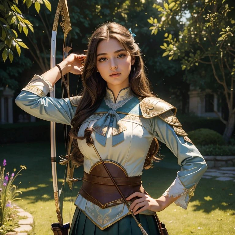 (masterpiece, best quality:1.5), highest quality, High resolution, super detailed, Realists, Full body photo of a 22 year old brunette archer, detailed and beautiful eyes, beautiful detailed lips, very detailed eyes and face, longeyelashes, 22-year-old archer in noble armor with long blue skirt, Beautiful and colorful makeup, Instructions for bow and arrow, Gardens as background, soft daylight, bright colors, fine brushstrokes, Portrait style, beautiful color palette, glowing skin, First-class rendering, that captures every detail, enchanting atmosphere, subtle shadows and lights, (perfect anatomy:1.2), (The stunning 22-year-old archer with bow and arrow. (magnificent panorama view:1.2)