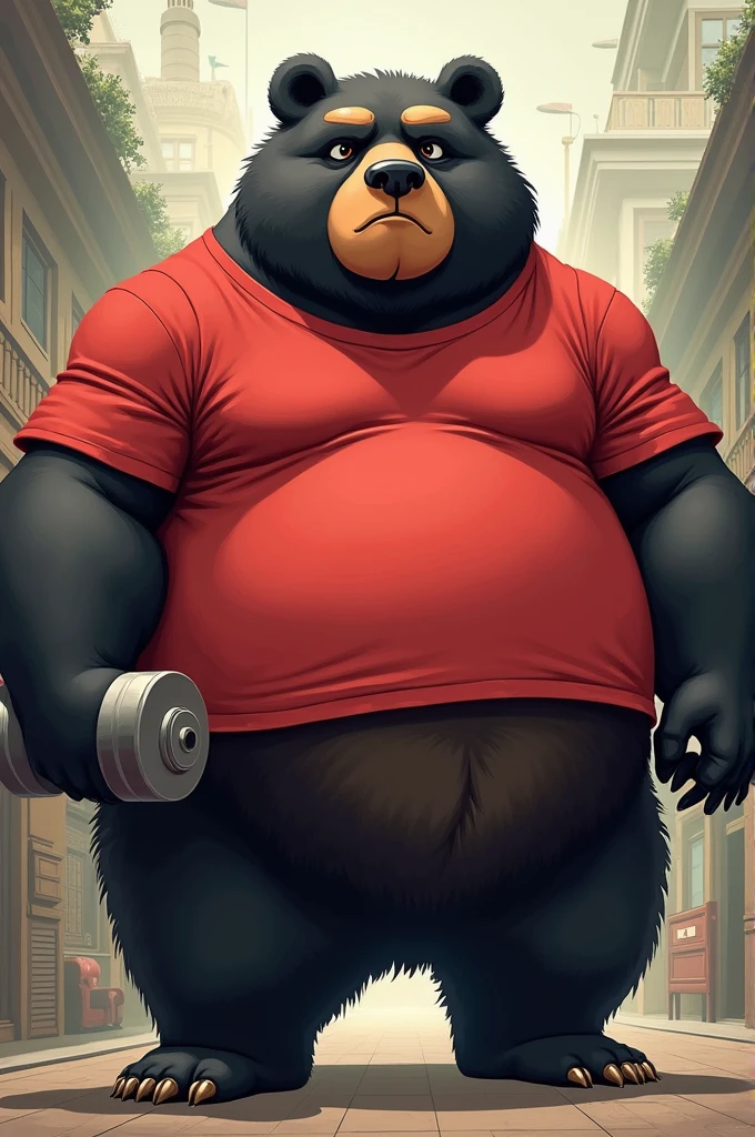 a cartoon monstrously massive muscle bear with a red shirt and a dumb dumbble, concept art inspired by Fernando Botero, reddit, furry art, commission for high res, very buff, half man half asian black bear, robust stocky body, beefy, heavy looking, thicc, fullbody commission for, heavy detailed, super buff and cool, muscular!!!, furry chest