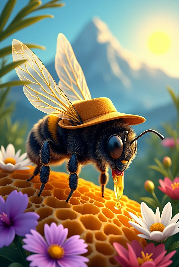 "Make a logo with the following features: an africanized bee, with a robust appearance and velvety coat. His compound eyes, big and bright, convey intelligence and curiosity. Your smile conveys sympathy and happiness. The bee is wearing a sun-cracked leather hat. Her wings, membranous and translucent, are slightly open, revealing an intricate vein pattern. Its three pairs of legs, covered in golden hair, are full of golden pollen grains, contrasting with the vibrant black and yellow of its body. The bee is landing on a honeycomb , with drops of crystal clear honey dripping from your tongue.  Ao fundo, a majestic mountain range, stands majestically under an intense blue sky. Em primeiro plano, flowers of different colors and sizes - purple orchids, white daisies, pink hibiscus - contrast with the vibrant green of the cacti and the flashy canopy of the carnauba palm. A luz do sol, warm and golden, affects the bee, creating bright reflections on their wings and eyes. The image should convey a sense of tranquility and harmony, celebrating the beauty of nature and the importance of bees to the ecosystem."