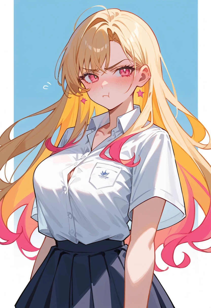 solo, One girl, high school girl,Large Breasts, Long Hair, Blonde, Colorful Hair, Pink eyes, pout, Blushing, Ears are red, Cowboy Shot, Aperture F2.8, Anime Style, masterpiece, High resolution, Anatomically correct, Highest quality, accurate, 