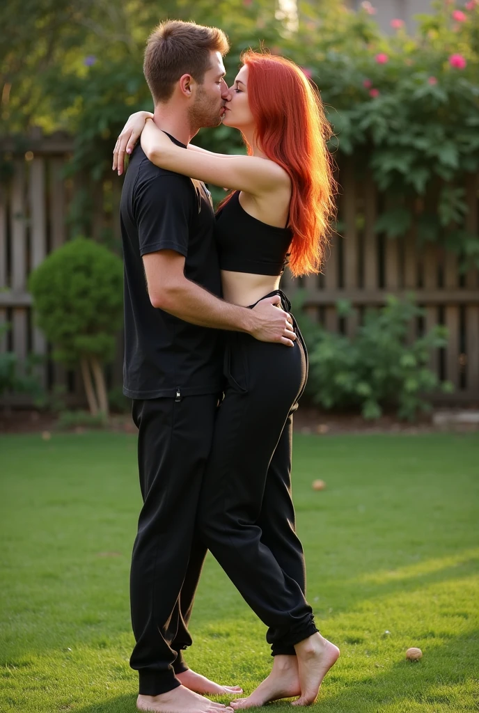 Red-headed, black sweatpants, Barefoot woman kissing man in garden