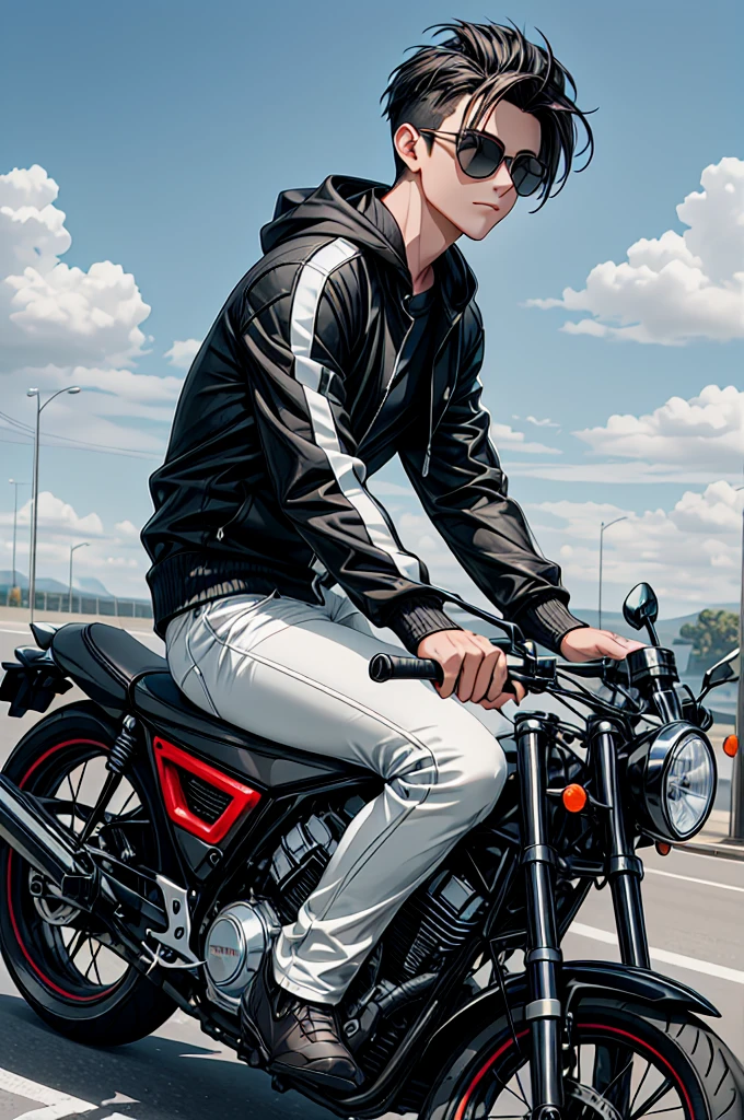 A stylish young man is sitting confidently on a white and black sports motorcycle with striking orange wheels. The man is dressed in a gray zip-up hoodie and black slim-fit jeans, paired with white sneakers with a subtle pattern. He is wearing dark sunglasses, adding to his cool demeanor, and his hair is neatly styled with a slight quiff. The setting appears to be on an open road with a clear blue sky overhead, and the background shows blurred green hills, giving a sense of speed and freedom. The overall vibe is modern, adventurous, and effortlessly cool, capturing the essence of youth and style. The motorcycle is positioned in the center of the frame, with the man sitting upright, his right hand resting on the handlebar, and his left hand loosely holding a small object, possibly a key or a piece of gear. The photo is taken at a slight low angle, enhancing the dominant and confident posture of the man and the bike.