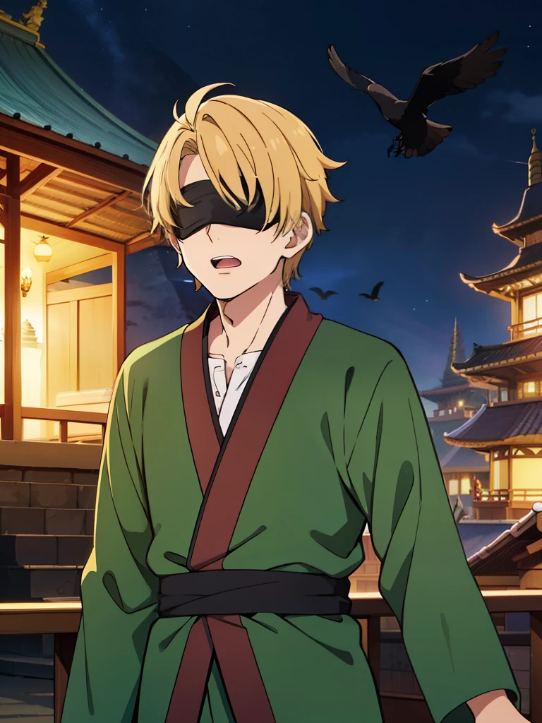 1boy, blind fold, blonde, green outfit, balinese, stupa, night, crows fly