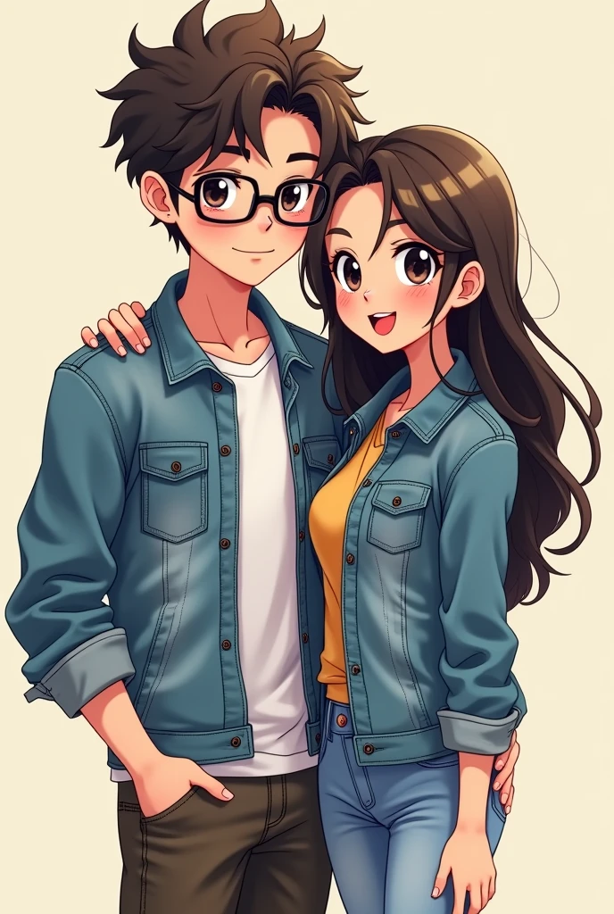 Creat a manga animated couple wearing a jeens jacket and sunglasses