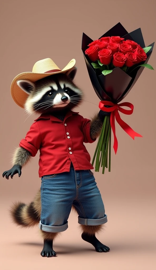 A captivating, adorable photograph of a fluffy baby raccoon, dressed in a red shirt, blue jeans, and a cowboy straw hat, holding up a stunning rose bouquet. The bouquet features 100 long-stem red roses, beautifully wrapped in black paper with a satin red bow. The raccoon, showcasing its speed and agility, is dancing playfully while wearing a sign that reads "Señorita caroo". The image has a vibrant, conceptual art style, with a touch of 3D render and fashion elements, creating a unique and imaginative visual experience., fashion, photo, conceptual art, product, typography, 3d render