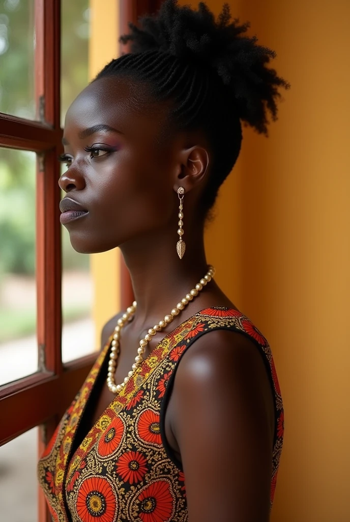 Elle est une femme au teint chocolat éclatant, avec des traits délicats, une silhouette voluptueuse et une confiance en elle qui attire tous les regards. En tenue traditionnelle africaine, elle se tient près des fenêtres et laisse paraître ses tétons