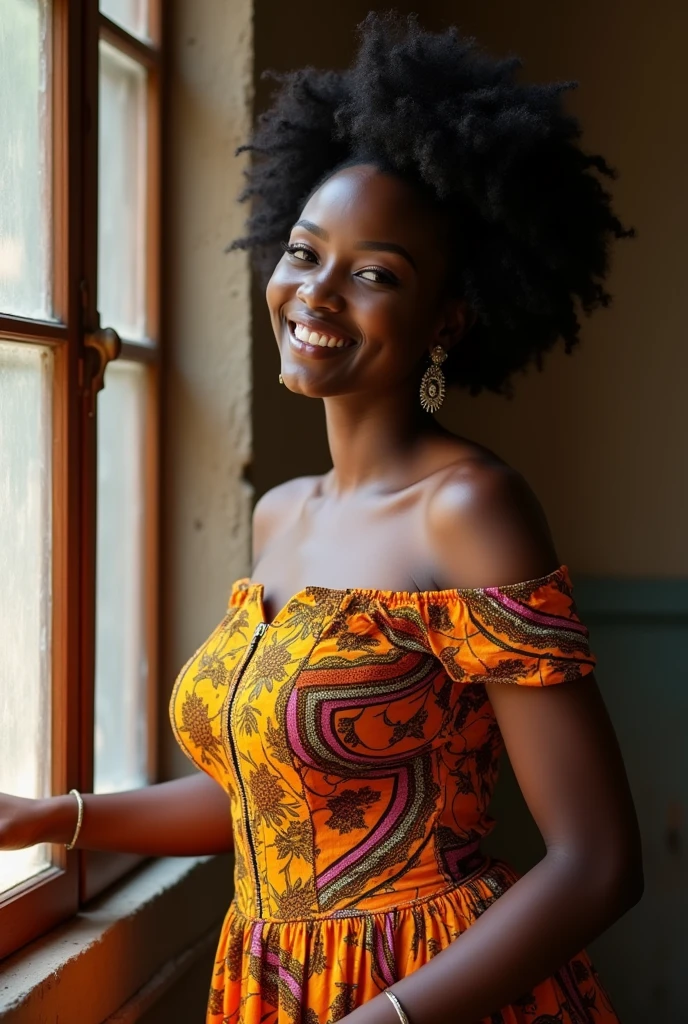  
Elle est une femme au teint chocolat éclatant, avec des traits délicats, une silhouette voluptueuse et une confiance en elle qui attire tous les regards. En tenue traditionnelle africaine, elle se tient près des fenêtres et laisse paraître ses tétons 