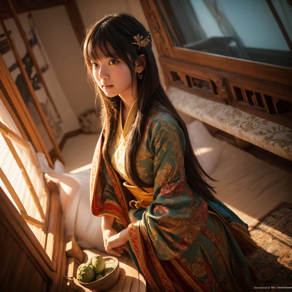 (RAW Photos, Highest quality), (Realistic, photo-Realistic:1.3),Highest quality,Very detailed,masterpiece,Very detailed,figure,One girl,upper_body,Dynamic Angle,world masterpiece theater,Messy_length_hair,Highest quality,Very detailed CG ユニティ 8k 壁紙,ink,wonderful,Cinema Lighting,lens_Flare, Dunhuang_style