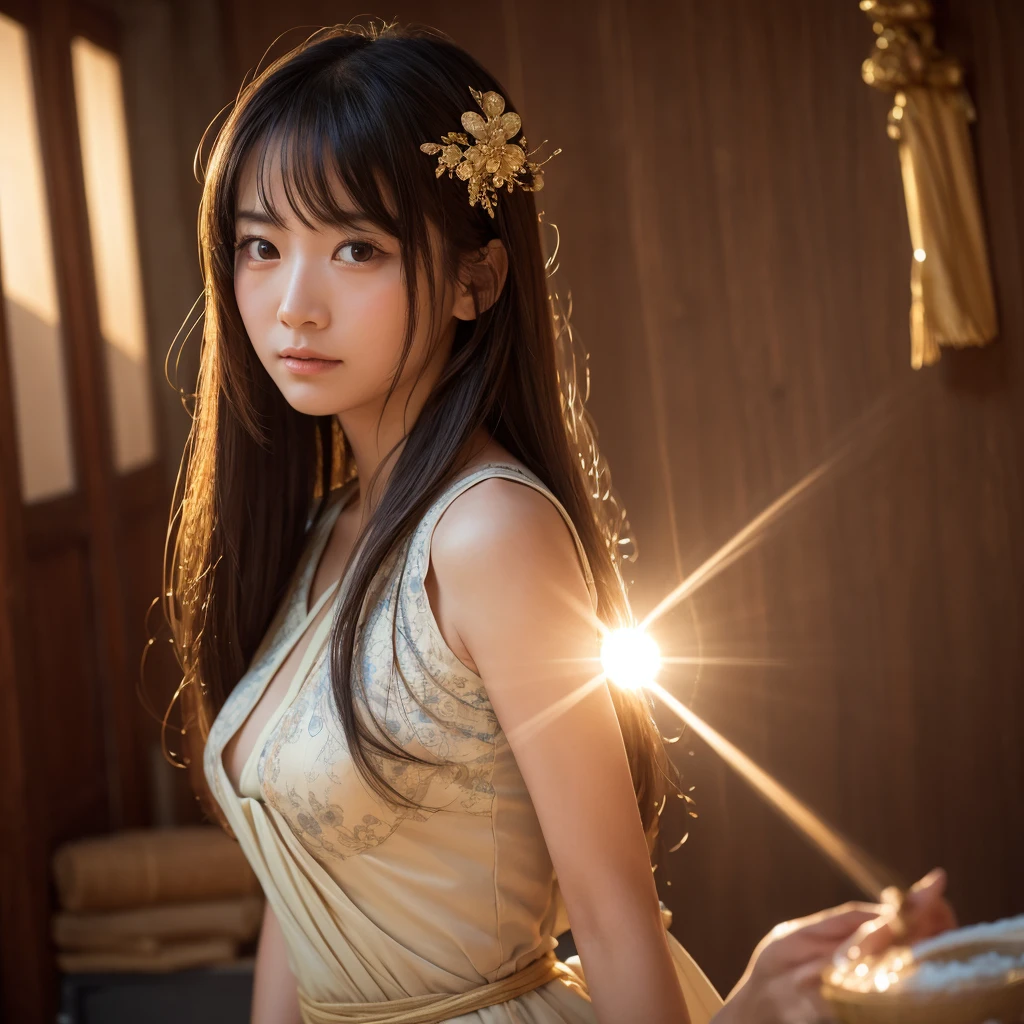 (RAW Photos, Highest quality), (Realistic, photo-Realistic:1.3),Highest quality,Very detailed,masterpiece,Very detailed,figure,One girl,upper_body,Dynamic Angle,world masterpiece theater,Messy_length_hair,Highest quality,Very detailed CG ユニティ 8k 壁紙,ink,wonderful,Cinema Lighting,lens_Flare, Dunhuang_style