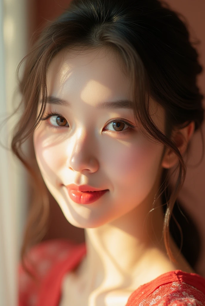 (8k, RAW photos, realistic:1.25) ,( lip gloss, Eyelashes, gloss face, shiny skin, best quality, super fast, depth of field, chromatic aberration, falsetto, wide lighting, natural shading,kpop idol) She looks at the viewer with a serene, goddess-like happy expression..,