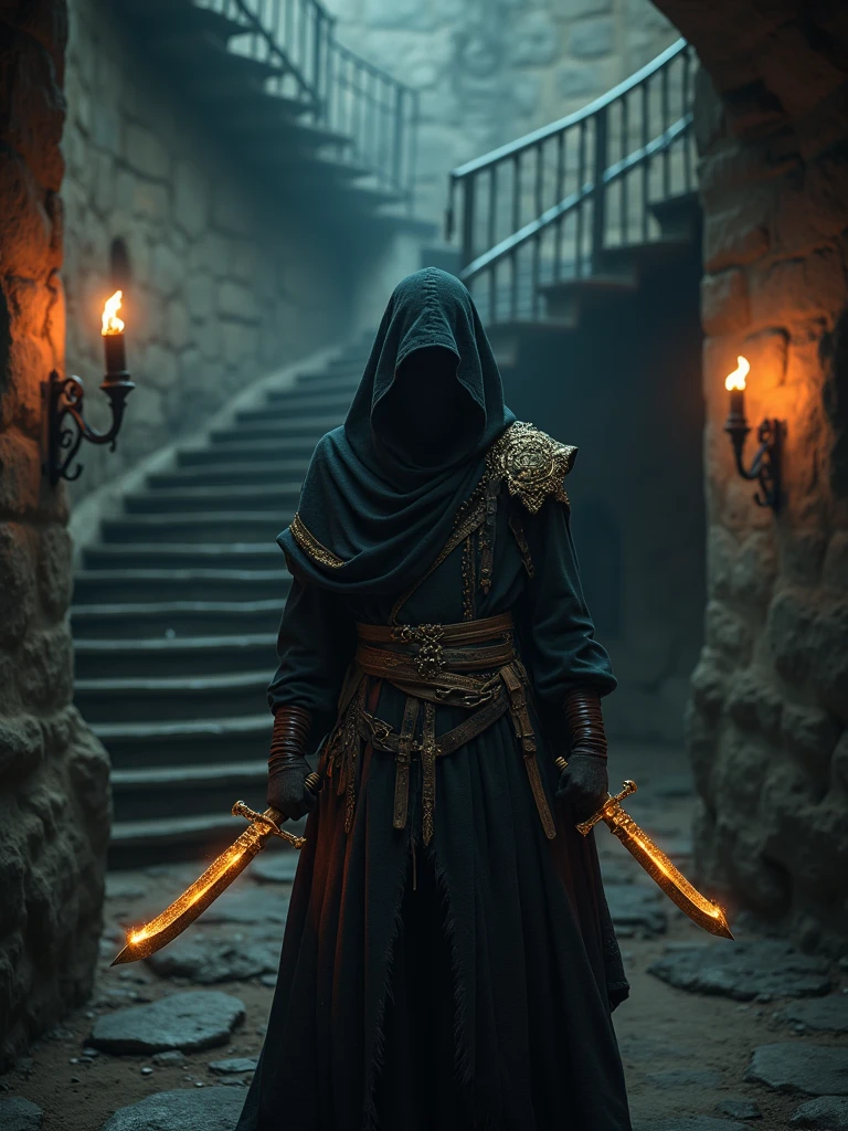 (masterpiece:1.2), (best quality:1.2), 8k, HDR, ultra detailed, ((photorealistic)), professional light, cinematic lighting, fashion photography, ambient lighting, background, a dark medieval dungeon, Darkness, epiCPhoto, fire, stairs, A thief in cloth armor, holding golden dagger in each hands.