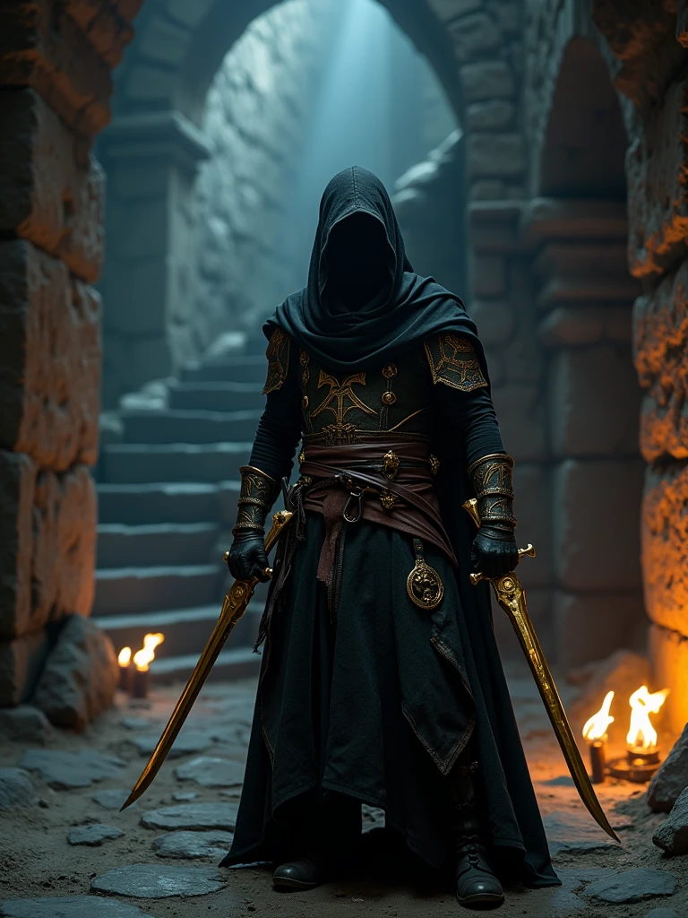 (masterpiece:1.2), (best quality:1.2), 8k, HDR, ultra detailed, ((photorealistic)), professional light, cinematic lighting, fashion photography, ambient lighting, background, a dark medieval dungeon, Darkness, epiCPhoto, fire, stairs, A thief in cloth armor, holding golden dagger in each hands.