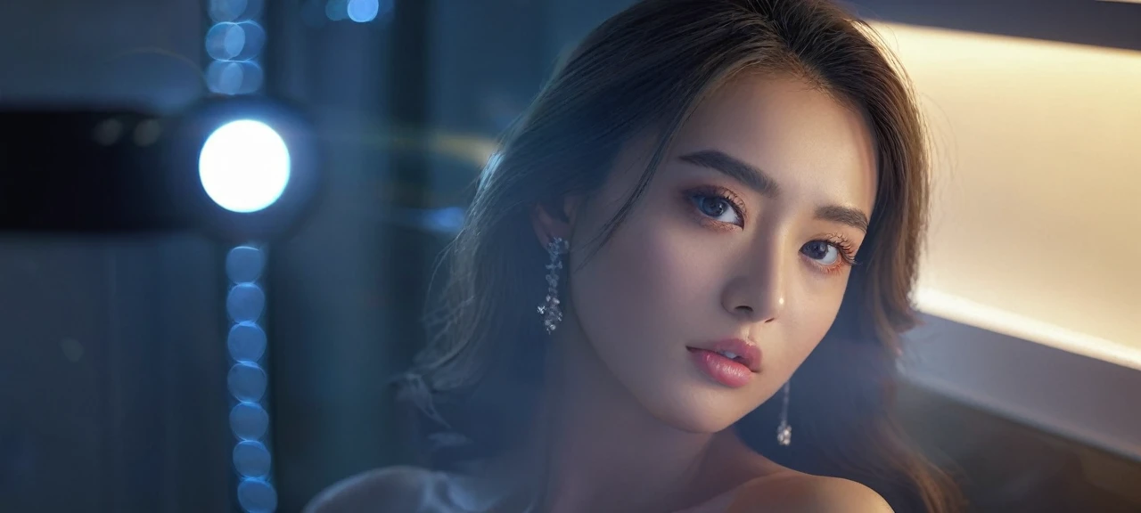 ((Best quality, 8k, Masterpiece : 1.3)), upper bod y, Sharp focus : 1.2, Beautiful woman with perfe ct figure, Highly detailed facial and skin textur e, Detailed eyes, Double eyelids, Interior view, f erpect lighting, Glowing skin,