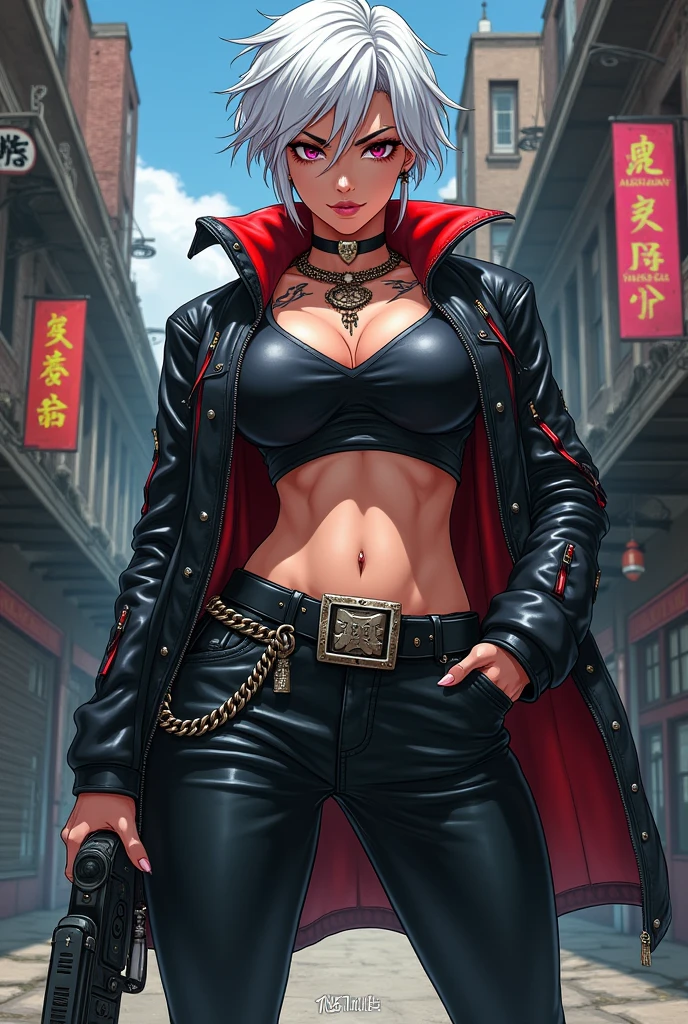 Anime version drawing of a female gang leader with an imposing presence, with short white hair and piercing eyes. His style is urban and aggressive, with leather clothes, tight pants and chunky boots, complemented by visible tattoos and striking accessories.