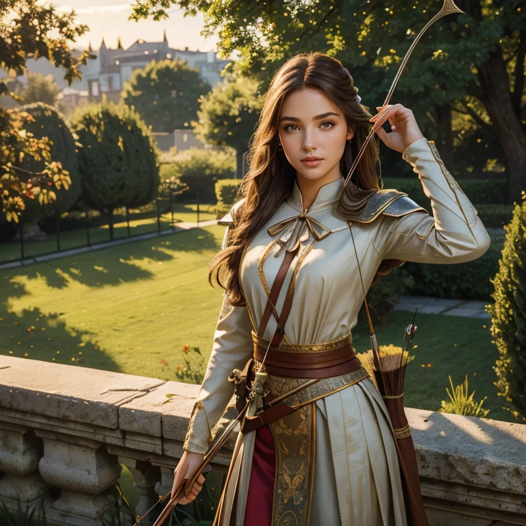 (masterpiece, best quality:1.5), highest quality, High resolution, super detailed, Realists, Full body photo of a 22 year old brunette archer, detailed and beautiful eyes, beautiful detailed lips, very detailed eyes and face, longeyelashes, 22-year-old archer in noble silver armor with long red skirt, Beautiful and colorful makeup, Instructions for bow and arrow, Gardens as background, soft daylight, bright colors, fine brushstrokes, Portrait style, beautiful color palette, glowing skin, First-class rendering, that captures every detail, enchanting atmosphere, subtle shadows and lights, (perfect anatomy:1.2), (The stunning 22-year-old archer with bow and arrow. (magnificent panorama view:1.2)