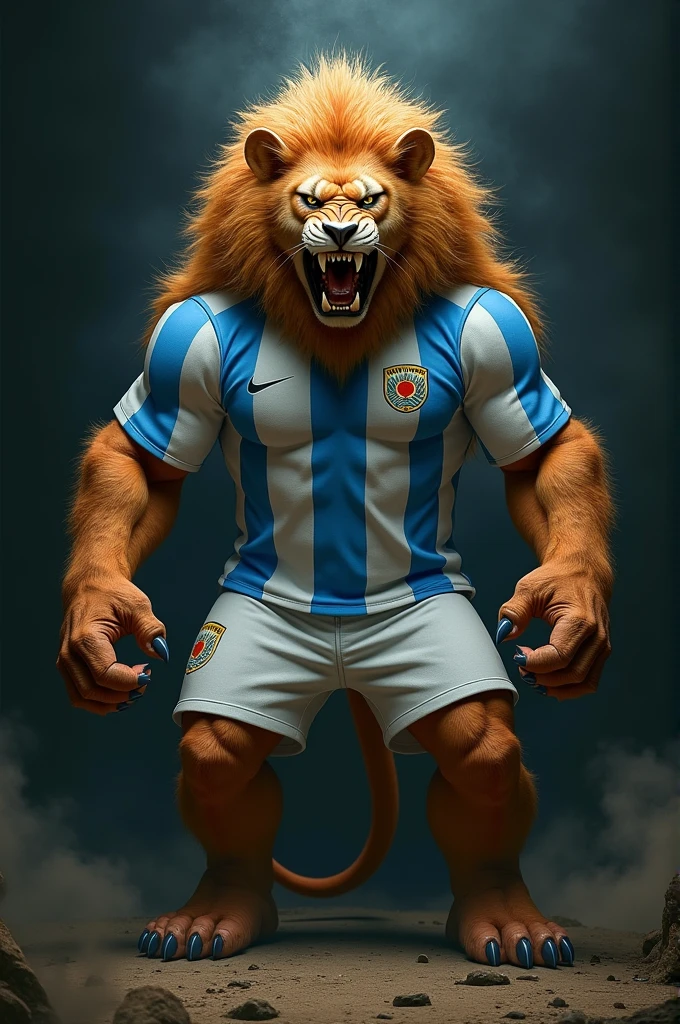 Body of a lion wearing an Argentina shirt with an evil face