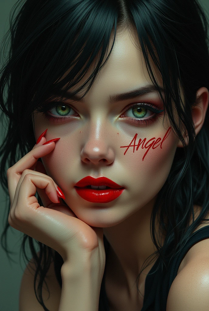 Jill Valentine in red lipstick, make-up, greeneyes, hand on face, nails painted red, written angel on the face