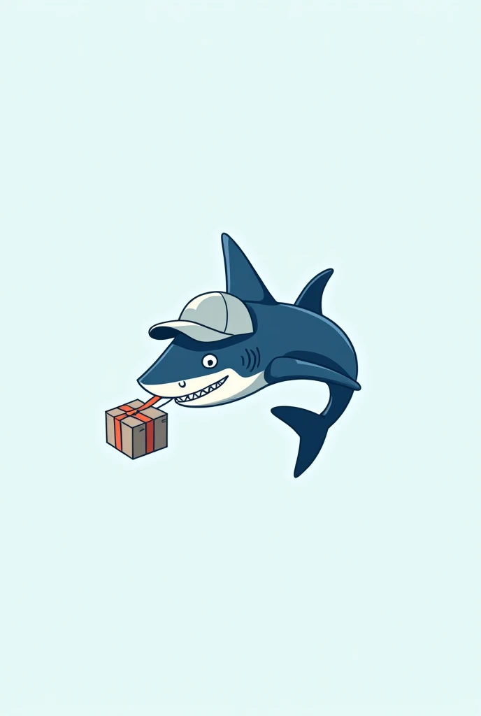 a neat logo made with thin lines, in blue, white and light blue tones, which depicts a courier shark in a cap and with a parcel