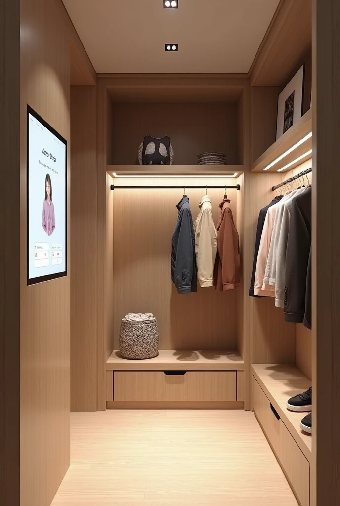Design a small fitting room inside a store and inside the fitting room there must be a smart screen in the image, Screens should be wall mounted or integrated into the fitting room furniture, showing the option to request different sizes or colors without leaving the area. besides, The screens should offer product recommendations based on user preferences and allow shoppers to visualize how different clothing combinations would look. The fitting room environment should look modern and comfortable., with a clean design that integrates the screens in a functional and aesthetically pleasing way. It has to be a clothing fitting room, not a closet NOTE THAT THE DRESSING ROOMS IN THE ZARA STORE ARE SMALLER THE DRESSING ROOM IS SMALLER

