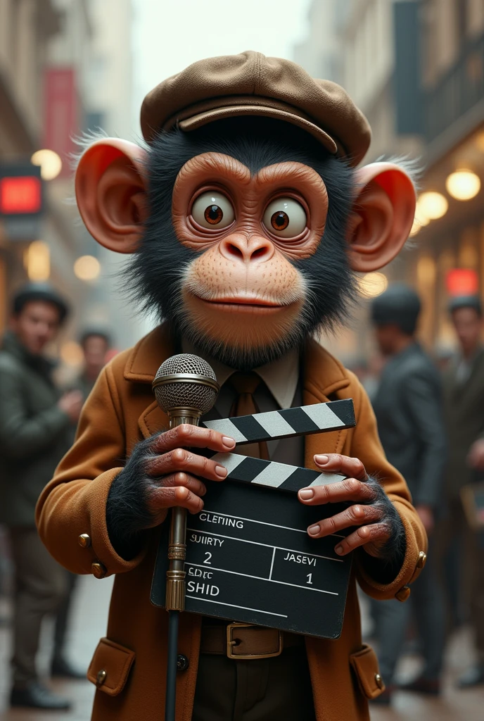 Monkey with a microphone in a movie director outfit
