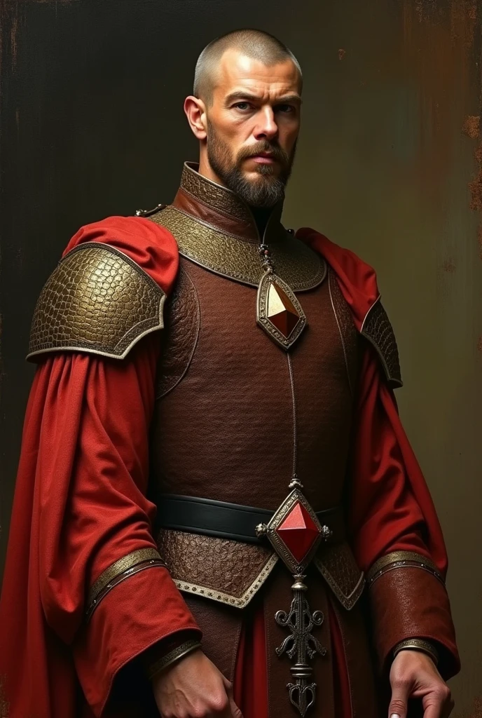 {{Masterpiece, best quality, oil painting, by Gustav Klimt, by Franz von Stuck, by Théodore Géricault, muted colors, male focus}}, (((((dramatic half body portrait of a 30 years old male ancient Emperor, solemn, valiant, upright, brown skin ,lean, blonde, smiling, goatee, buzzcut, kohl painted eyes))))). ((((he is wearing a brown and red, iridescent silk draped, ronin uniform, armor lorica, made of sheen alligator leather, with Praetorian inspired elements, shogun inspired elements, wearing a large red diamond shape pendant)))).