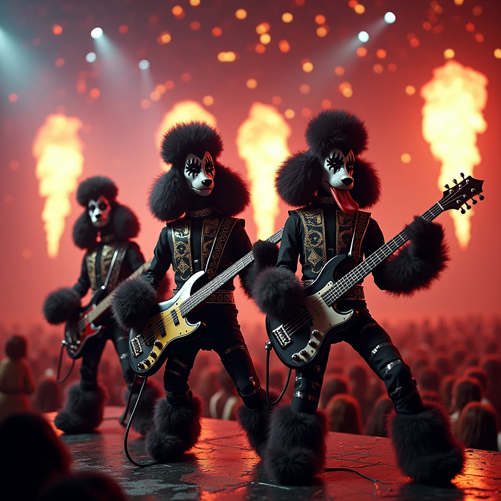 Create a hyper-realistic, ultra-high-resolution image of the legendary rock band KISS reimagined as anthropomorphic poodles, performing an electrifying concert. Use vivid, saturated colors and extreme contrast to make the scene burst with intense energy. The image must be extremely sharp, with meticulous attention to detail in every element.
Key elements: 1. Band members as poodles, wearing iconic KISS makeup and costumes adapted to their canine forms 2. Bassist with exaggerated, comically long tongue sticking out 3. Elaborate stage with dazzling light show and pyrotechnics 4. Explosive flames and sparks in a spectrum of vibrant colors 5. Audience of anthropomorphic poodles in a frenzy