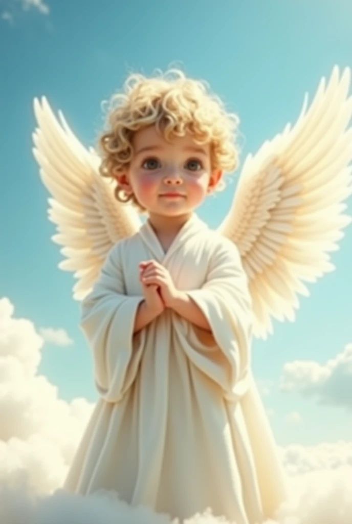 "Create an image of a guardian angel who looks like a child. The angel should have small, delicate wings with soft, shiny feathers. Dress him in a light, white robe that flows in an ethereal manner. The background could be a clear blue sky with soft clouds or a tranquil celestial landscape. The angel's expression should be innocent and welcoming, conveying a sense of protection and comfort."