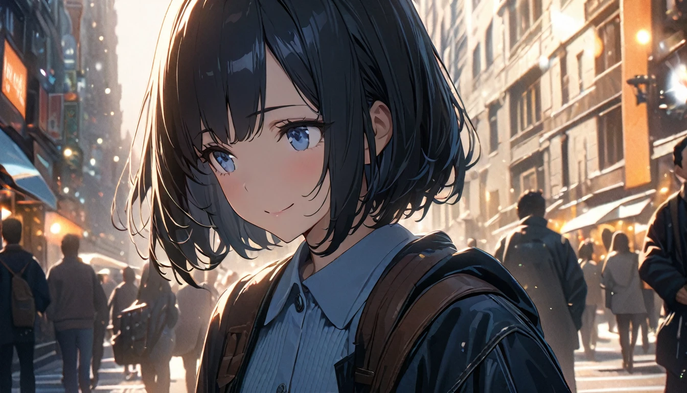 ((ultra-detailed))/ (one women with short black hair and bob hair.、beautiful blue eyes,.、smile、gentle smile on her face、flat chest, one Beautiful girl,((masterpiece, illustration, best quality) ((ultra-detailed))/), walking around busy city ,濃い青とBeautiful Blueのグラデーション, High resolution, 8K HD detail, hyper-detail, cinematic, surrealism, soft light, deep field focus bokeh, ray tracing and surrealism. --v6