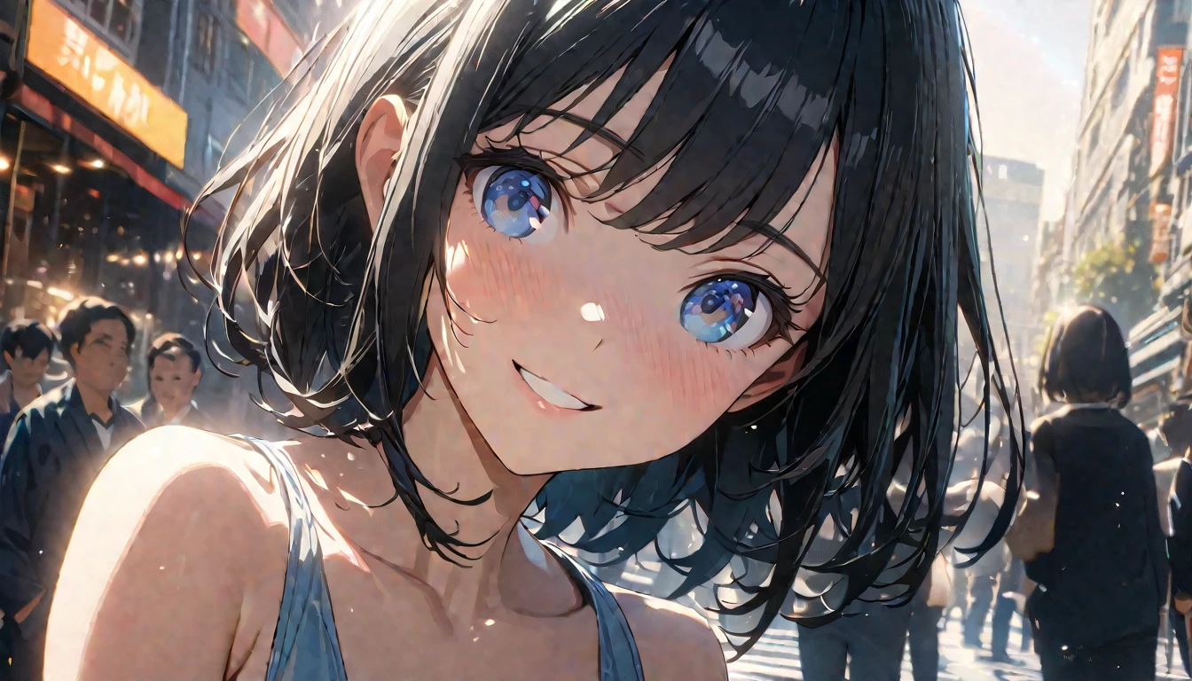 ((ultra-detailed))/ (one women with short black hair and bob hair.、beautiful blue eyes,.、smile、gentle smile on her face、flat chest, one Beautiful girl,((masterpiece, illustration, best quality) ((ultra-detailed))/), walking around busy city ,濃い青とBeautiful Blueのグラデーション, High resolution, 8K HD detail, hyper-detail, cinematic, surrealism, soft light, deep field focus bokeh, ray tracing and surrealism. --v6