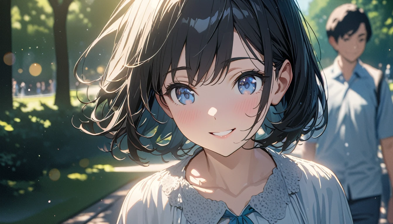 ((ultra-detailed))/ (one women with short black hair and bob hair.、beautiful blue eyes,.、smile、gentle smile on her face、flat chest, one Beautiful girl,((masterpiece, illustration, best quality) ((ultra-detailed))/), walking around central park ,濃い青とBeautiful Blueのグラデーション, High resolution, 8K HD detail, hyper-detail, cinematic, surrealism, soft light, deep field focus bokeh, ray tracing and surrealism. --v6