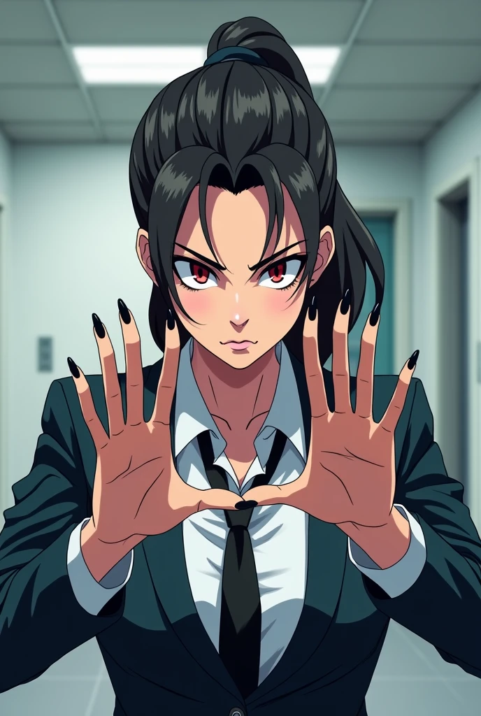 An mean  female psychiatrist with a ponytail and showing her  black nails in anime style 