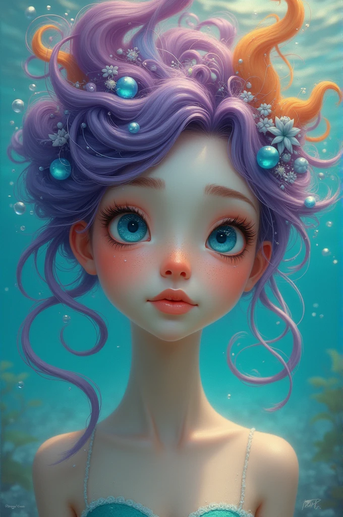 Front-on portrait of a whimsical, colorful woman who resembles a mermaid. Fair skin, youthful features, wide-open eyes, and delicate freckles on her nose and cheeks. Vibrant, gravity-defying hair in shades of purple, blue, and orange. The hair stands transforms into tendrils or aquatic flora, creating an underwater illusion. Small bubbles floating around the head add to the underwater theme. Overall Effect: Serene otherworldly underwater creature in silent contemplation.