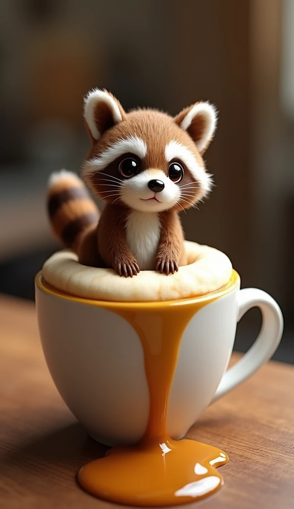 A captivating 3D render of a coffee cup, brimming with a whimsical foam creation that resembles a cute, extra fluffy baby raccoon. The raccoon, with intricate details and expressive eyes, exudes a playful demeanor as it sits atop the frothy coffee. The coffee spills over the edges, forming a golden stream that cascades down, bringing the artwork to life. The blend of reality and imagination in this conceptual art piece showcases the beauty and creativity of coffee art, making it a delightful and imaginative visual experience., conceptual art, photo, 3d render
