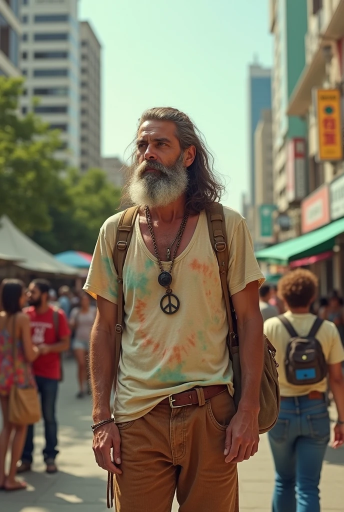 a stereotype of a hippie vegan man with vintage clothes and a beard in sao paulo